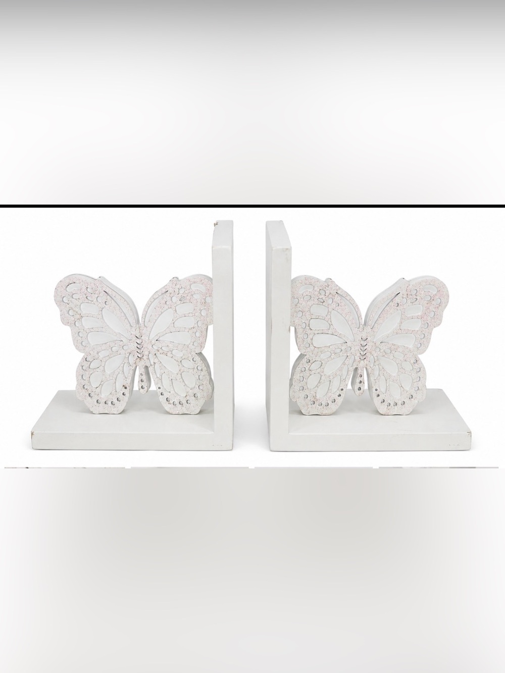 White Butterfly Bookends Iridescent Glitter Wood Set of 2